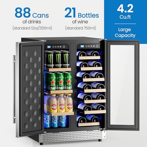 24 Inch Wine and Beverage Refrigerator, 21 Bottles and 88 Cans Daul Zone Wine Fridge with Stainless Steel Door Built in or Freestanding, Beverage Fridge for Soda Beer Wine-Kitchen Bar Office - Image 3