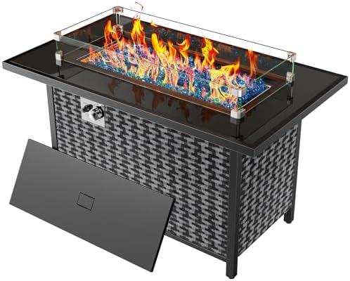 Ciays 43″ Propane Fire Pit, CSA-Listed 60,000 BTU Outdoor Gas Fire Pit Table with Glass Wind Guard, Tempered Glass Top, Lid, Glass Rocks, Adjustable Legs, Fire Table for Patio, Garden & Party, Black by Ciays