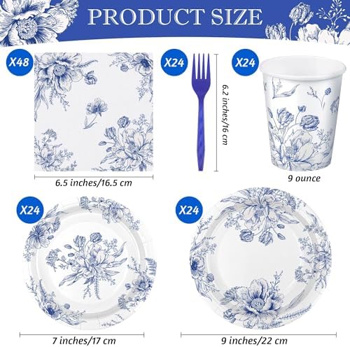 Kochorie 144 Pieces Blue and White Flower Print Party Tableware Sets Including Disposable Plates Napkins Cups Forks Serves 24 for Wedding Birthday Baby Shower Party Supplies - Image 2