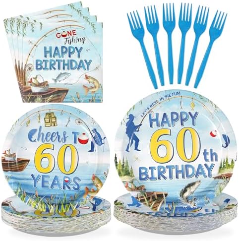 96Pcs Fishing 60th Birthday Party Decorations, Serves 24 by Greencian
