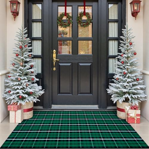 OJIA Christmas Outdoor Rug 3'x5' Front Door Mat Green Plaid Rug Porch Decor by OJIA