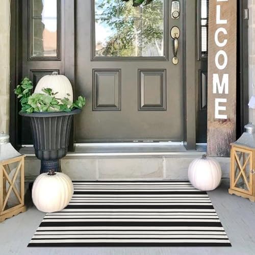 IOHOUZE 2x3 Striped Outdoor Door Mat, Washable Porch Rug, Black White by iOhouze