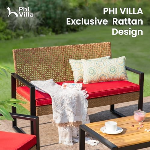 PHI VILLA 4 Piece Brown Wicker Patio Furniture Set with Red Cushion - Image 3