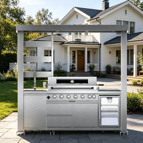 94" Stainless Steel Outdoor Kitchen Island with 6-Burner 85000 BTU,Heavy-Duty Natural Gas Grill with Rotisserie Oven,Galvanized Steel Roof,Granite Countertops,Refrigerator,Sink.(Natural Gas) by INOTEVERITORY