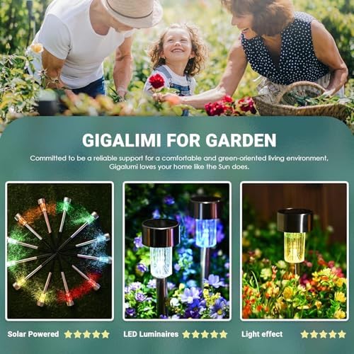 GIGALUMI Solar Garden Lights Outdoor, 12 Pack 6-Color, IP65 Waterproof Decorative Pathway Lights, Stainless Steel LED Landscape Lighting for Yard, Lawn, Walkway - Image 2