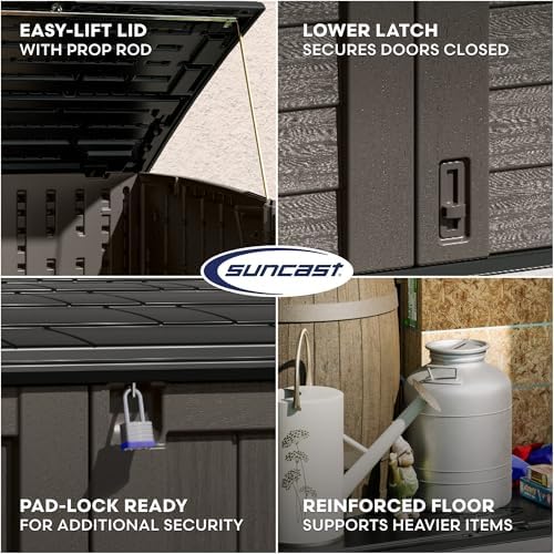 Suncast 5.9 ft. x 3.7 ft Horizontal Stow-Away Storage Shed - Natural Wood-Like Outdoor Storage for Trash Cans and Yard Tools - All-Weather Resin, Hinged Lid, Reinforced Floor - Made in the USA - Image 6