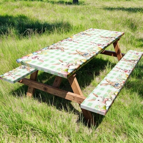 Easter Picnic Table Cover with Bench Covers, Camping Essentials, Easter Buffalo Plaid Rabbit Eggs Flower Outdoor Table Covers, Waterproof, Fitted Tablecloth Cover with Elastic Edge, 3 PCS, 30x96 Inch by Xguatan