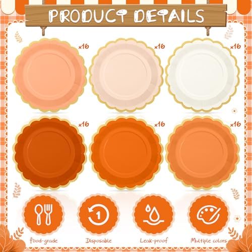 96 Pcs Fall Orange Paper Plates 9 Inch Scalloped Disposable Plate - Image 3