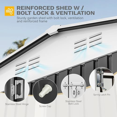 DWVO 10x8ft Large Tool Storage Shed with Window, Lockable Doors, and Sloped Roof, Oversized Steel Outdoor Storage Shed for Garden, Patio, Garage, Backyard, Lawn - Gray & White - Image 4