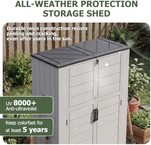 Aoxun 61 Cu.Ft Outdoor Storage Shed, Widened Outdoor Storage Cabinet Waterproof Vertical Resin Shed with Floor for Garden Tools, Pool Equipment, Easy to Assemble(White&Grey) - Image 2
