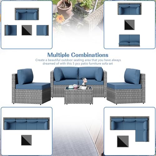5 Piece Outdoor Patio Furniture Set with Silver PE Rattan, Navy Blue - Image 3