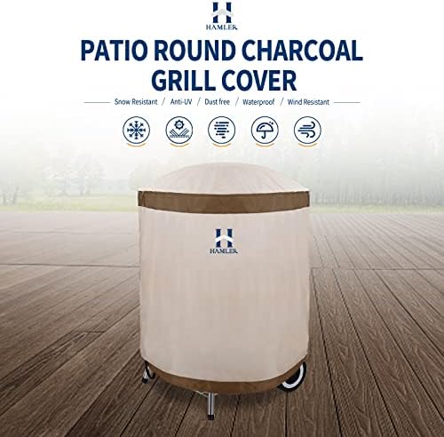 HAMLER Round Barbecue Cover, 28 Inch Small Smoker Cover, Heavy Duty Waterproof Outdoor Grill Cover Fits Weber, Charcoal Kettle, Masterbuilt, Dyna-Glo, Brown & Beige - Image 2