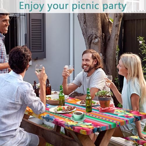 Mexican Fiesta Picnic Table Cover with Bench Covers, Cinco de Mayo Fiesta Waterproof Windproof, Camping Essentials, Fitted Tablecloth Cover with Elastic Edge, for Garden & Outdoor, 3 PCS, 30x60 Inch - Image 2