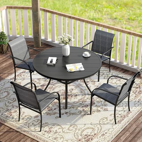 VICLLAX 5 Pieces Patio Dining Set for 4, Outdoor Furniture Set Includes 40.7" Round Patio Table and 4 Patio Stackable Chairs, Black Tabletop and Grey Fabric by HOME