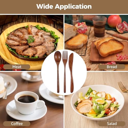24 Pcs Wooden Utensils for Eating - Wooden Spoon Fork Knife Cutlery Set Reusable Wood Flatware Dinner Tableware Set for Daily Meals, Travel, Camping, Picnic - Image 5