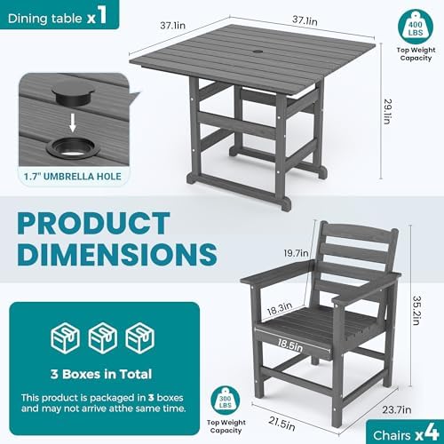 Dining Table Set, 5-Piece HDPE Outdoor, Gray - Image 6