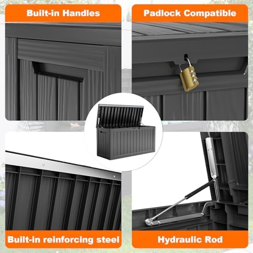 PatioZen 80 Gallon Outdoor Deck Box,Waterproof Resin Outdoor Storage Boxes, Outside Storage Lockable Container for Garden Tools,Indooor Cushions,Accessories (Black) - Image 7