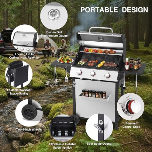 Propane Gas BBQ Grill, Upgraded 30,000 BTU Stainless Steel Barbecue Grill with Foldable Side Tables, Spice Rack & Wheels for Outdoor Cooking (3 Burner grill) - Image 4