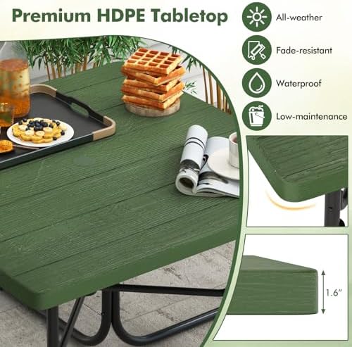 Moccha Picnic Table Bench Set - Outdoor Table and Chairs with Umbrella Hole, HDPE Tabletop & Metal Frame, 500LBS Capacity, Outdoor Camping Table for Garden Backyard Porch Patio Table Set (Green) - Image 3