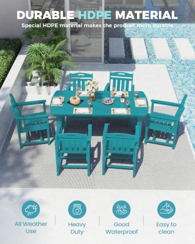 Ciokea HDPE Outdoor Dining Set of 6, Patio Table and Chairs Sets, Lake Blue - Image 3