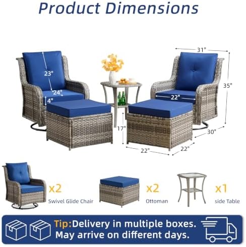 Wumiokio Patio Furniture Sets, Wicker Outdoor Furniture - 360 Degree Swivel Rocking Chairs and Rattan Side Table for Garden,Porch,Backyard (Grey Wicker/Blue Cushion, 5PCS - Swivel Chairs & Ottoman) - Image 3