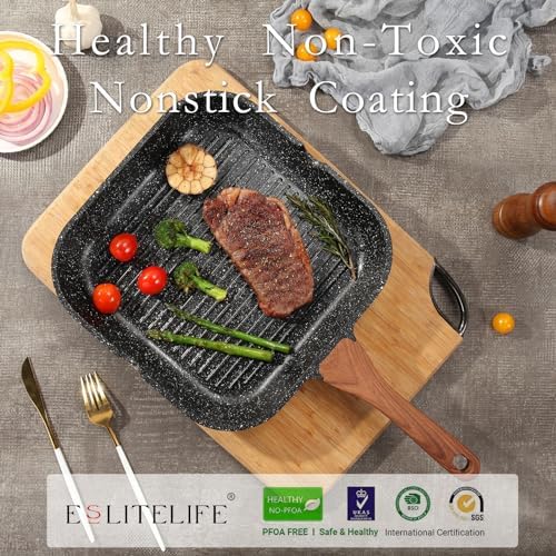 ESLITE LIFE Nonstick Grill Pan for Stove Tops, Versatile Griddle with Pour Spouts, 9.5 Inch Square Big Grilling Skillet Steak Pan for Indoor & Outdoor Cooking, PTFE & PFOA Free, Black - Image 3