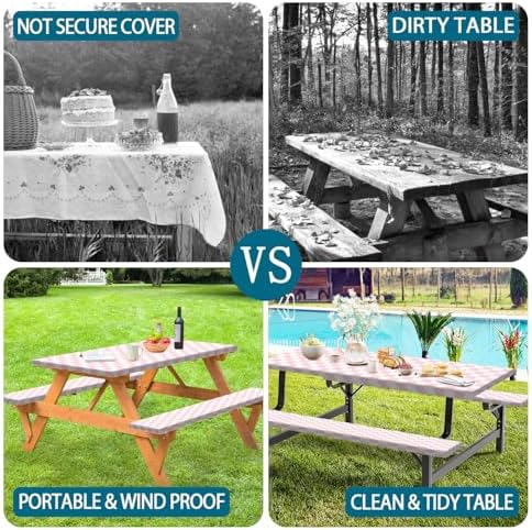 Picnic Table Cover with Bench Covers and Bag, Pink and White Checkered Gingham Buffalo Plaid Camping Tablecloth Cover Waterproof Windproof Elastic Edges Fitted Tablecloths for Outdoor 3PCS 30x96 Inch - Image 4