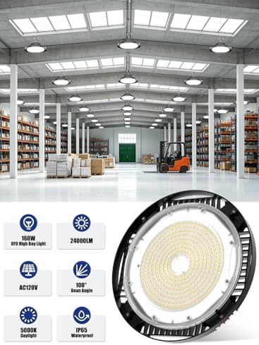 160W UFO LED High Bay Light, 24,000LM LED Shop Lights for Garage Warehouse Workshop, 5000K Daylight IP65 Waterproof Commercial Ceiling Fixture, 700W HPS/MH Equiv, ETL Listed, 6ft Cord, 4-Pack - Image 2