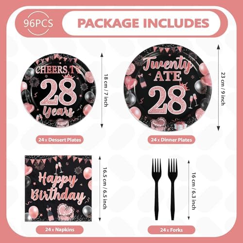 96Pcs Black Rose Gold 28th Birthday Decorations, Serves 24 - Image 5