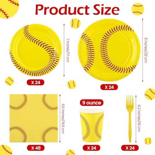 Kochorie 144 Pieces Softball Paper Plates and Napkins Sports Party Tableware Sets Including Disposable Paper Plates Napkins Cups Forks Serves 24 for Birthday Sports Softball Party Decorations - Image 2