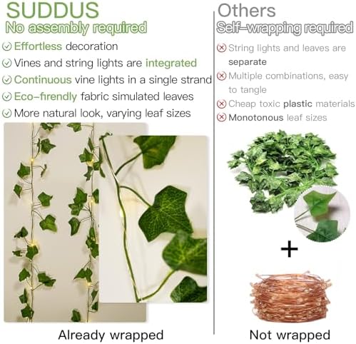 suddus 13.1FT 40LED Ivy Vine with Lights Battery Operated Copper Wire - Image 3