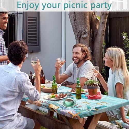 Ocean Sea Turtles Picnic Table Cover with Bench Covers and Bag, Camping Essentials, Waterproof Windproof, Fitted Tablecloth Cover with Elastic Edge, for Indoor & Outdoor, Garden, 3 PCS, 30x96 Inch - Image 4