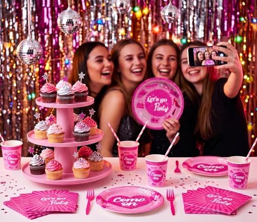 144 Pcs Let's Go Party Tableware Set for 24 Guests, Heavy-Duty 7" & 9" Paper Plates, Cups, 2-Ply 13" Napkins & Plastic Forks, Disposable Pink Party Supplies for Wedding Bridal Shower Party - Image 2