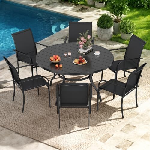 Incbruce 7 PCS Patio Dining Set, Outdoor Dining Set of 6 Textilene Chairs and 53" Round Table with Umbrella Hole for Backyard, Garden, and Poolside (Black) - Image 7