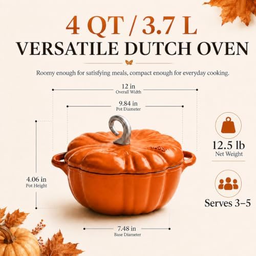 Pumpkin Dutch Oven, 4 qt Enameled Cast Iron Cooking Pot with Lid - Image 3