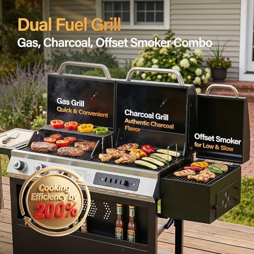 Sophia & William 3-Burner Gas and Charcoal Grill Combo with Offset Smoker - Image 2