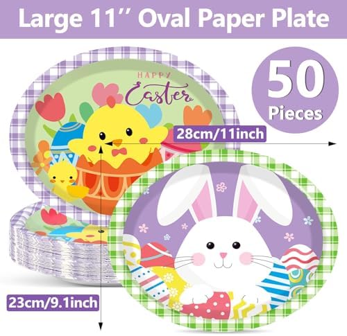 Qyeahkj 50 PCS Easter Oval Paper Plates Large 11' Disposable Bunny Party Decorations Colorful Easter Eggs Supplies Favor for Party Tableware Set - Image 2