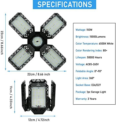 4-Pack LED Garage Light,150W Deformable Garage Ceiling Lights,15000LM, 4 Adjustable Panels, E26/E27 Shop Lights for Basement, Barn, Workshop,High Bay Light - Image 4
