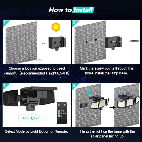Tuffenough Solar Outdoor Lights 2500LM 210 LED Security Lights with Remote Control,3 Heads Motion Sensor Lights, IP65 Waterproof,270° Wide Angle Flood Wall Lights with 3 Modes(4 Pack) - Image 6
