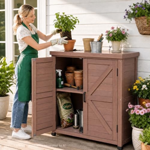 Outdoor Storage Cabinet with Metal Tabletop, Cedar Wood Garden Workstation - Image 2
