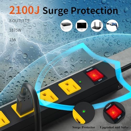 8 Outlet Power Strip 2100J Surge Protector, 12FT Heavy Duty Extension Cord Wide Spaced Outlet and Wall Mount Metal Powerstrip for Home Office Garage Workshop - Image 3