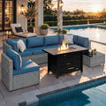 Shintenchi 8 Piece Outdoor Patio Furniture Set with 43 Inch Propane Fire Pit, Washable Cushions, Glass Coffee Table, Waterproof Cover & CSA Certified for Backyard Poolside, Silver PE Rattan/Navy Blue by Shintenchi%7CFurnitureMadeforRealLife