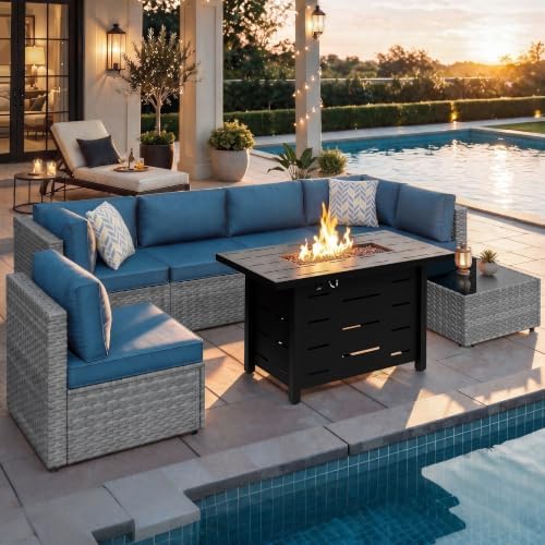 Shintenchi 8 Piece Outdoor Patio Furniture Set with 43 Inch Propane Fire Pit, Washable Cushions, Glass Coffee Table, Waterproof Cover & CSA Certified for Backyard Poolside, Silver PE Rattan/Navy Blue by Shintenchi%7CFurnitureMadeforRealLife