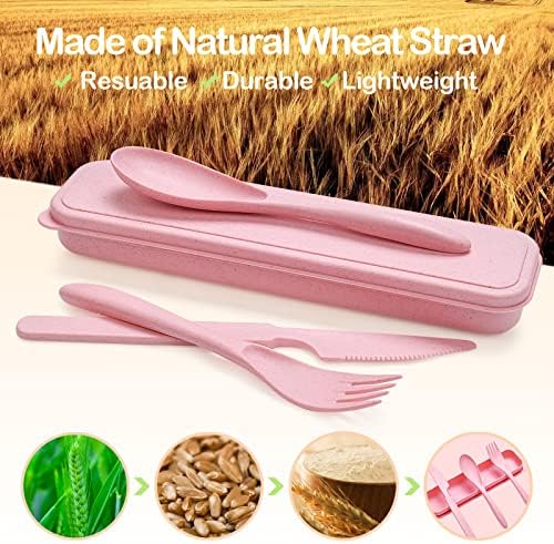 YDYTOP Reusable Travel Utensils Set with Case, 12 Sets Wheat Straw Portable Knife Fork Spoons Cutlery, Eco-Friendly BPA Free Plastic Tableware for Kids Adults School Lunch Party Picnic and Camping - Image 2