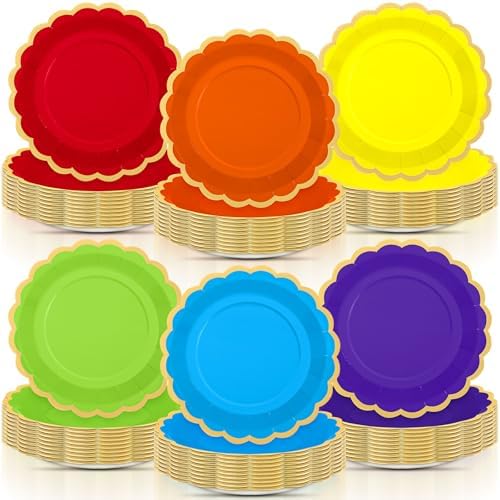 96 Pcs Rainbow Paper Plates 9 Inch Scalloped by Tiangrid