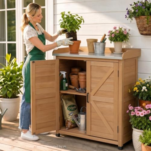 Potting Bench with Storage Cabinet and Metal Table Top for Outdoor Patio, Garden Furniture Wood Workstation (Light Brown, 31.5x17x39) - Image 2