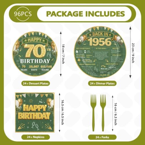96 Pcs Sage Green and Gold 70th Birthday Party Decorations, Serves 24 - Image 2