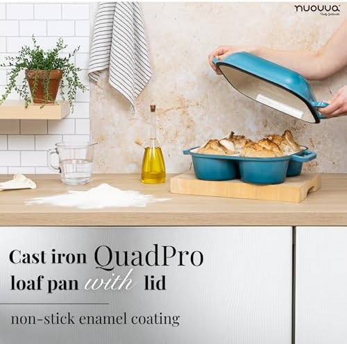 QuadPro Enamelled Cast Iron Bread Loaf Pot – Dutch Oven for Sourdough Bread Baking – 500°F Oven Safe Non Stick Bread Pot – 4 Round Loaf Spaces (4.90-inch Diameter), Light Blue – by Nuovva - Image 6