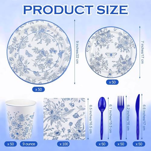 Kochorie 400 Pieces Blue and White Flower Disposable Party Tableware Sets Including Plates Cups Napkins Cutlery Serves 50 for Wedding Birthday Baby Shower Party Decorations - Image 2