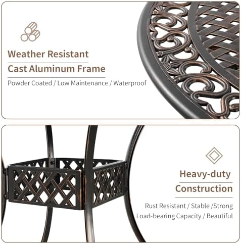 41" Round Patio Dining Table with Umbrella Hole, Outdoor Cast Aluminum Bistro Conversation Outdoor Table for Backyard Porch Pool Balcony Deck - Image 4